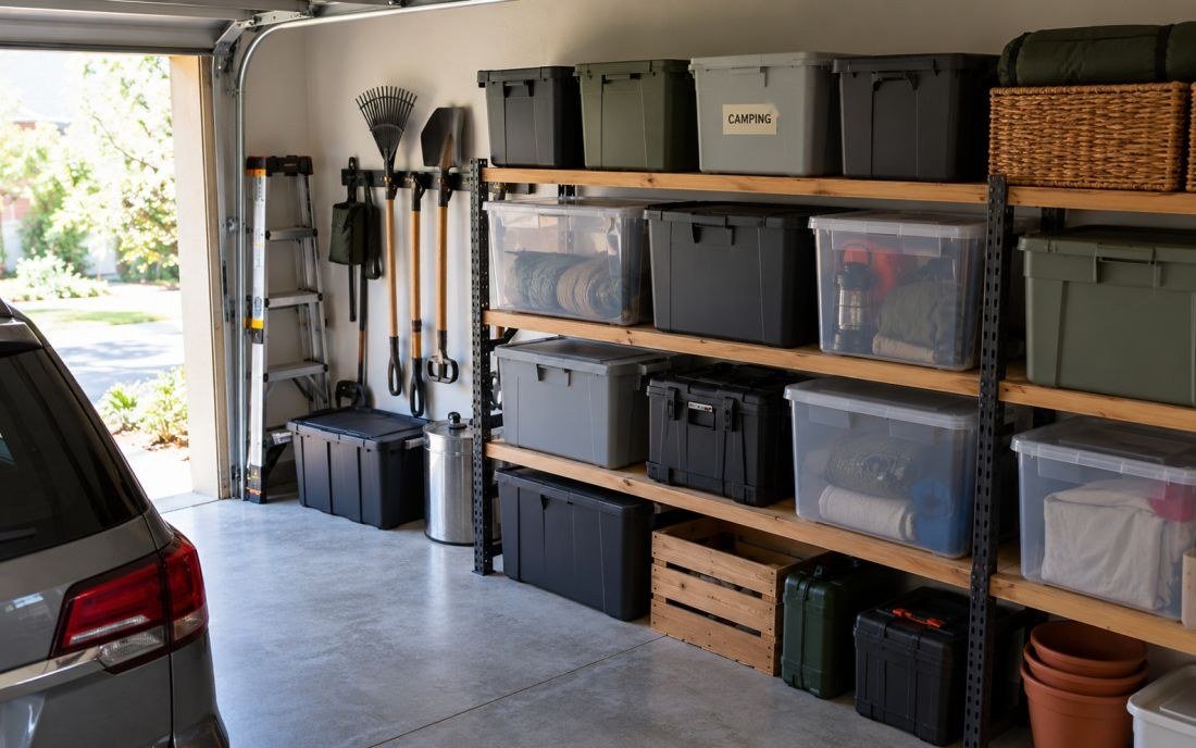 A home garage with labeled boxes, a green dot on the CAMPING box